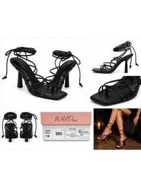 Wild Pair Black Strappy Lace-Up Heels Square Toe Sandals Size 7M Evelina